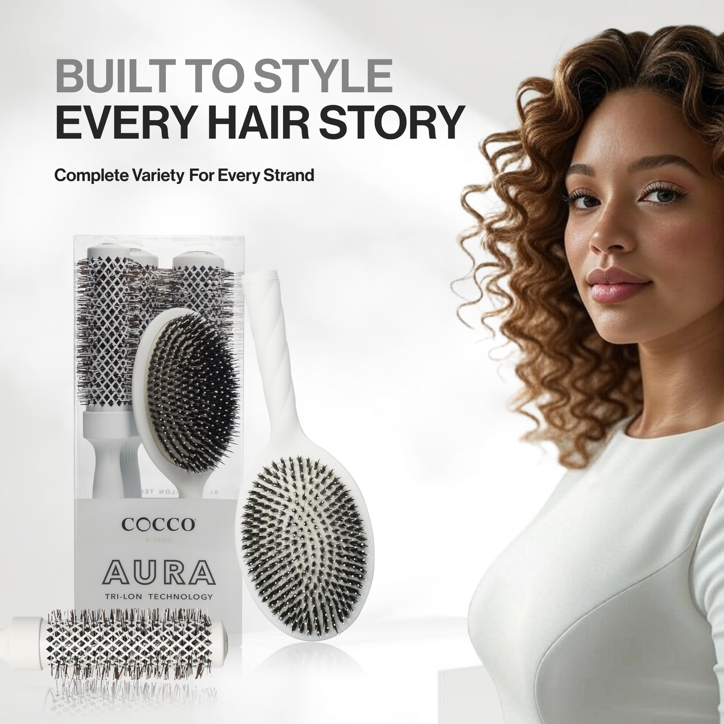 Hair Styling & Smooth Finish Bundle –  with Cocco Aura Brush Set (White)+ Cocco Hair Perfecting Serum 3.4 oz