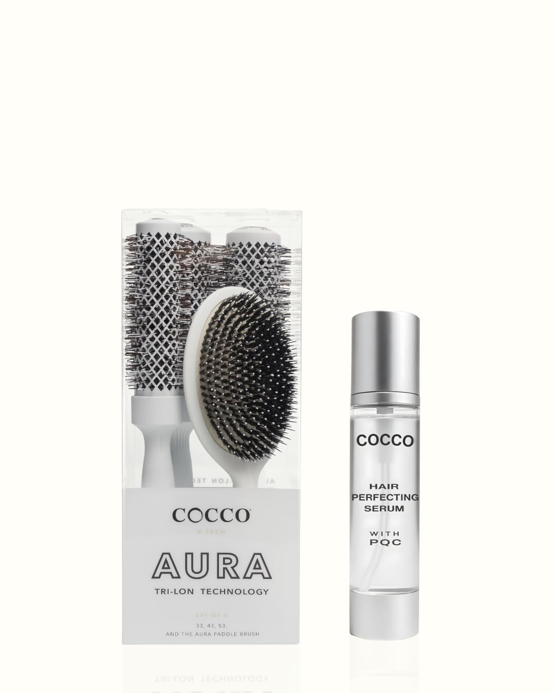 Hair Styling & Smooth Finish Bundle –  with Cocco Aura Brush Set (White)+ Cocco Hair Perfecting Serum 3.4 oz