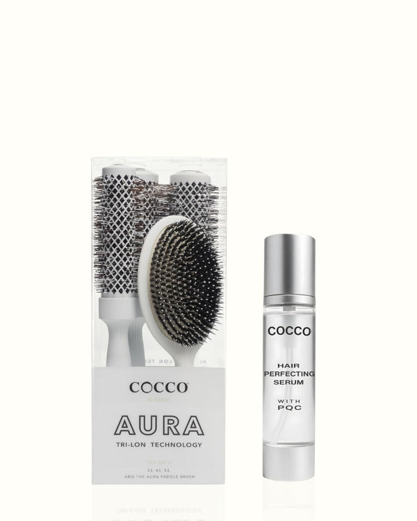 Hair Styling & Smooth Finish Bundle –  with Cocco Aura Brush Set (White)+ Cocco Hair Perfecting Serum 3.4 oz