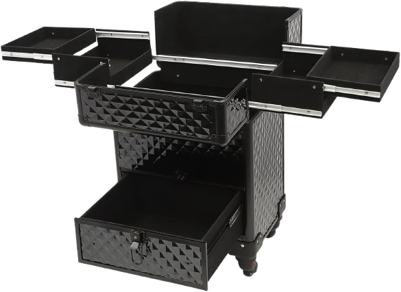 ROLLING BARBER AND BEAUTY MAKEUP CASE WITH DRAWERS,CABNITS AND SLIDING TRAYS AT2094